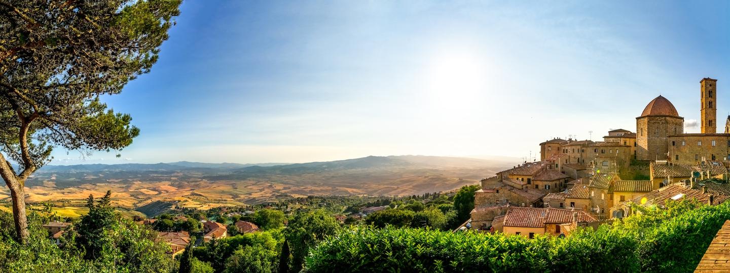 Blick auf Olivenfelder und kleine toskanische Stadt