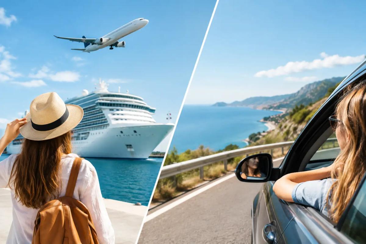Kreuzfahrt: Flugpaket oder Eigenanreise? Flugzeug am Gate und im Hintergrund ein Kreuzfahrtschiff im Hafen