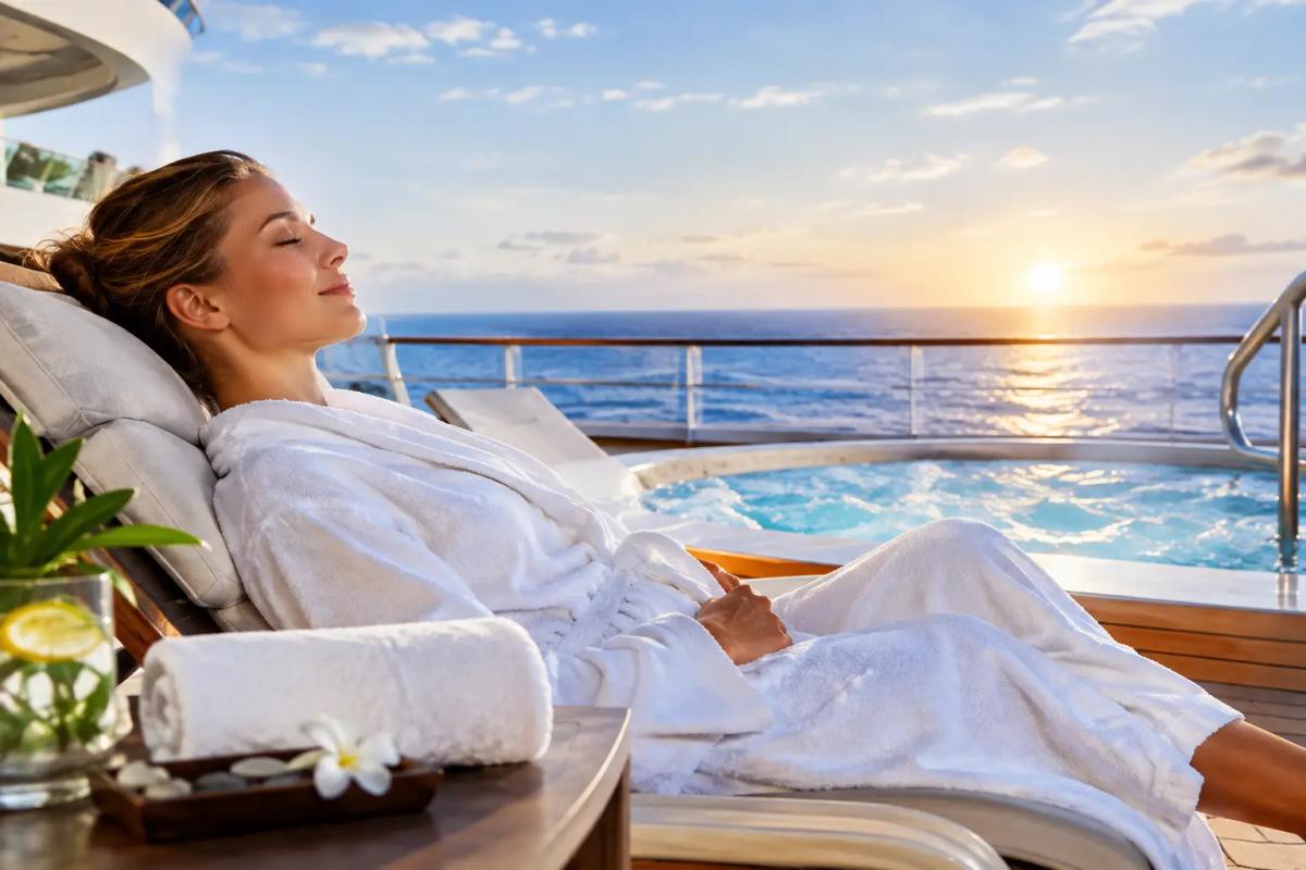 Kreuzfahrt Wellnessangebote im Überblick Ruhebereich eines Schiffsspas mit Liegen und Panoramafenstern zum Meer