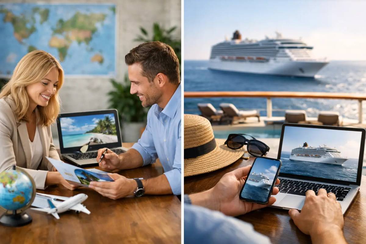 Kreuzfahrtportal oder Reisebüro buchen? Laptop mit Buchungsportal neben Reisebüro-Unterlagen