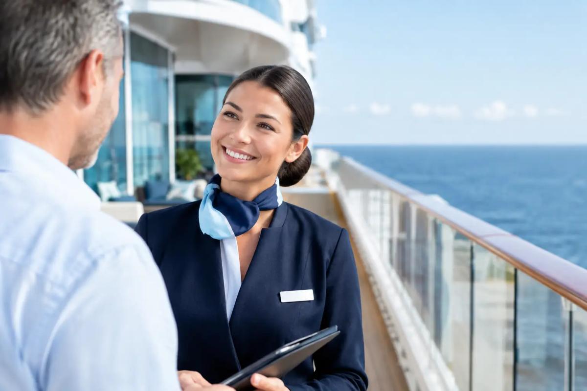 Mein Schiff Service Bewertung Servicekraft bedient Gäste in einem Bordrestaurant mit Blick auf das Meer