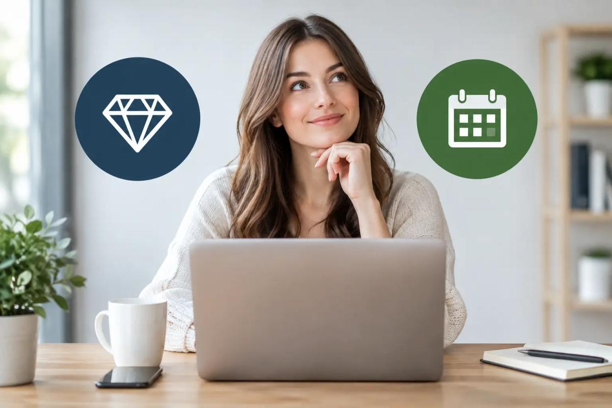 Premium oder Flex Tarif: was passt zu dir? Frau am Laptop wägt zwischen Premium- und Flex-Tarif für ihre Kreuzfahrt ab