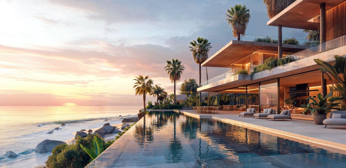 Blick auf ein Luxushotel mit Infinity Pool