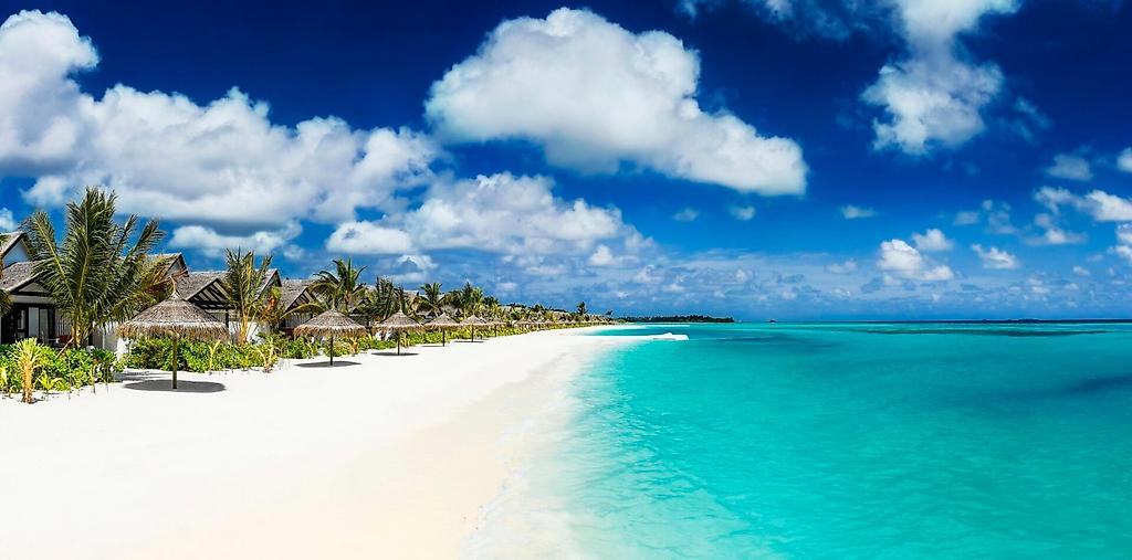 Karibik Stränd Sand Ozean Palmen Traumhafter langer Karibikstrand mit weißem Sand und blauem Ozean