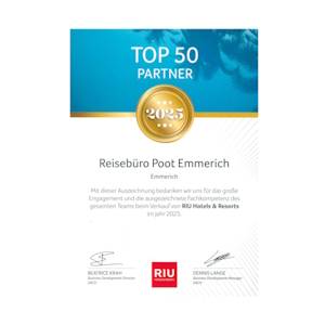 Reisebüro Poot - Top 50 Partner der Riu Hotels Urkunde Top 50 Riu Hotels Reisebüro Poot
