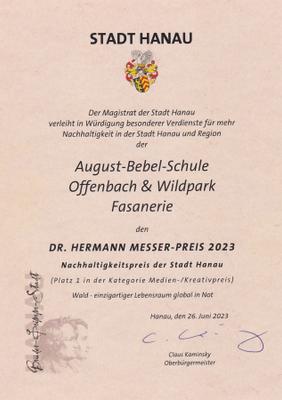 Urkunde Auszeichnung mit dem Medien-/Kreativpreis für die ABS