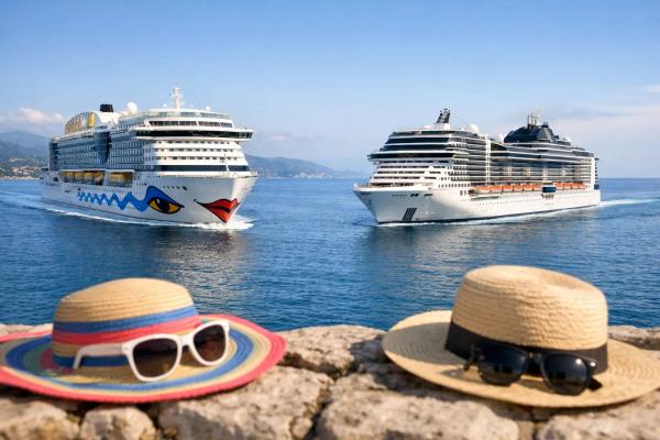 AIDA oder MSC: Tarife, Serviceentgelt, Tischzeiten Ein AIDA-Schiff und ein MSC-Schiff nebeneinander vor der Küste, im Vordergrund zwei Sonnenhüte auf einer Mauer