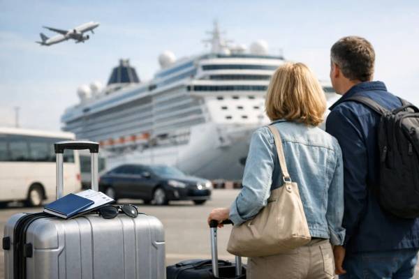 Anreise zum Kreuzfahrthafen: Flug, Bahn, Auto Reisende mit Koffern auf dem Weg zum Kreuzfahrtterminal