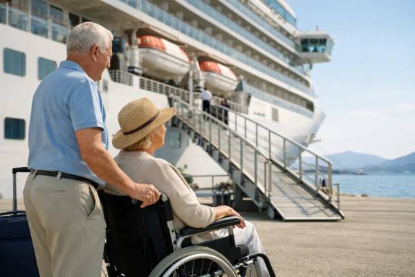 Barrierefreie Kreuzfahrt richtig planen Ehepaar mit Rollstuhl an der Gangway eines Kreuzfahrtschiffs