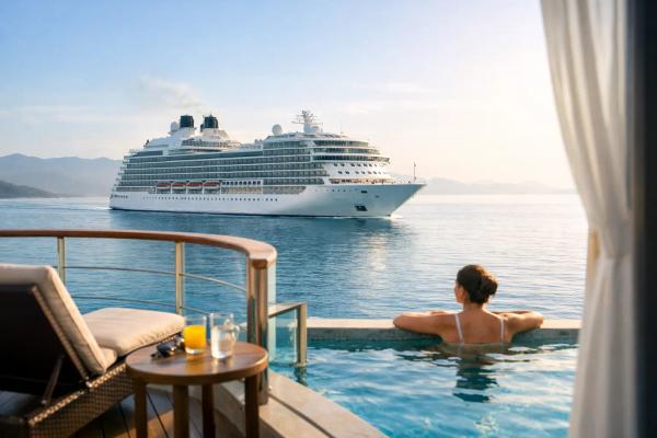 Beste Kreuzfahrtschiffe für Ruhesuchende Ruhiges Sonnendeck eines Kreuzfahrtschiffs mit freien Liegen und Meerblick