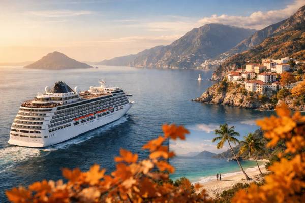 Kreuzfahrtschiff vor herbstlicher Küstenlandschaft