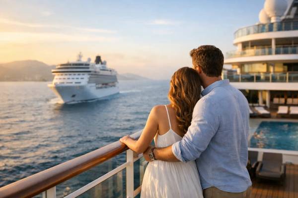 Beste Reedereien für Paare im Vergleich Paar auf dem Sonnendeck eines Kreuzfahrtschiffs