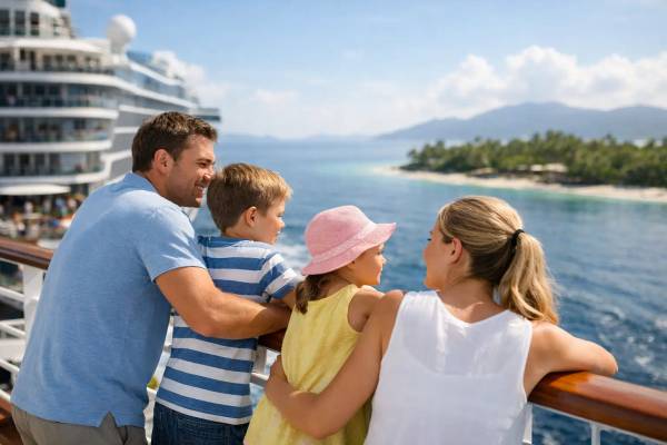 Familienfreundliche Kreuzfahrten: Schiff und Kabine Familie mit Kindern an Deck eines Kreuzfahrtschiffs