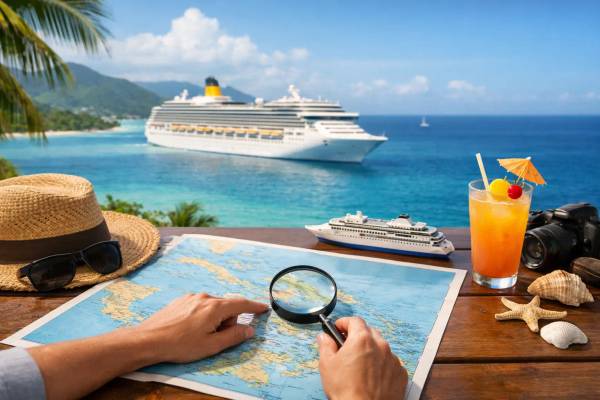 Kreuzfahrtschiff vor einer Karibikinsel, im Vordergrund Routenplanung mit Landkarte