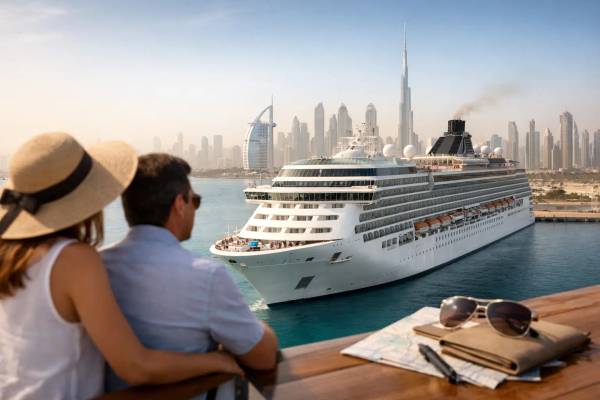 Kreuzfahrtschiff vor der Skyline von Dubai mit Burj Khalifa und Burj Al Arab