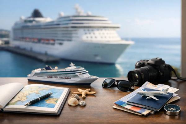 Kreuzfahrt Komplettpaket: Flug, Hotel, Transfer Koffer, Flugticket und Hotelschlüssel für eine Kreuzfahrtreise