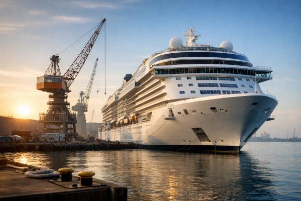 Kreuzfahrt Neubauten Kreuzfahrtschiff-Neubau bei Sonnenaufgang an der Werft, daneben Verladekräne