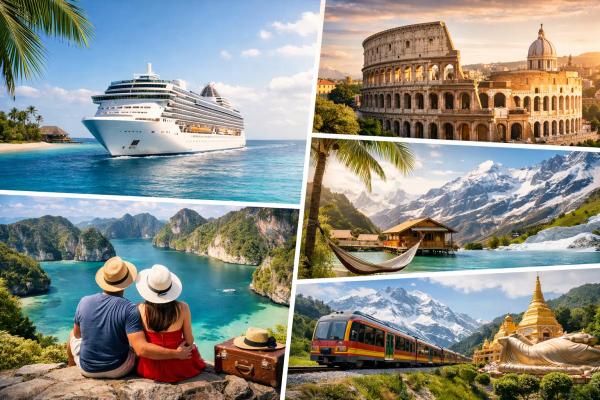 Bildcollage mit Kreuzfahrtschiff, Kolosseum in Rom und weiteren Reisezielen