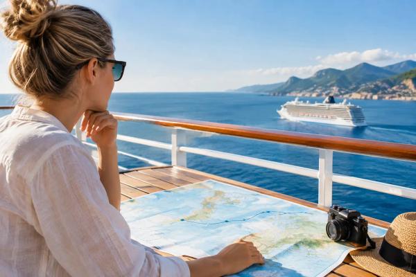 Seekarte mit eingezeichneter Route, daneben ein Kreuzfahrtschiff am Horizont
