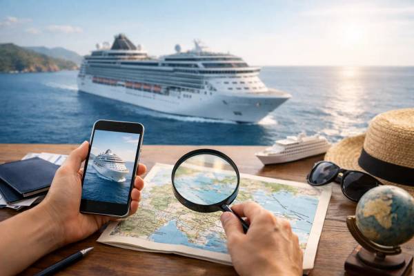 Kreuzfahrt Schnäppchen: versteckte Kosten prüfen Preisschild vor einem Kreuzfahrtschiff im Hafen