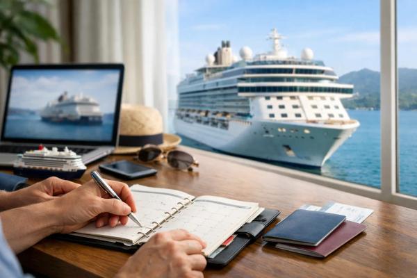 Kreuzfahrt umbuchen: Rechte, Fristen und Kosten Schreibtisch mit Kalender, Reisepass und Laptop, dahinter ein Kreuzfahrtschiff im Hafen