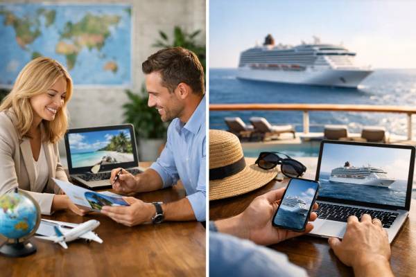 Kreuzfahrtportal oder Reisebüro buchen? Laptop mit Buchungsportal neben Reisebüro-Unterlagen