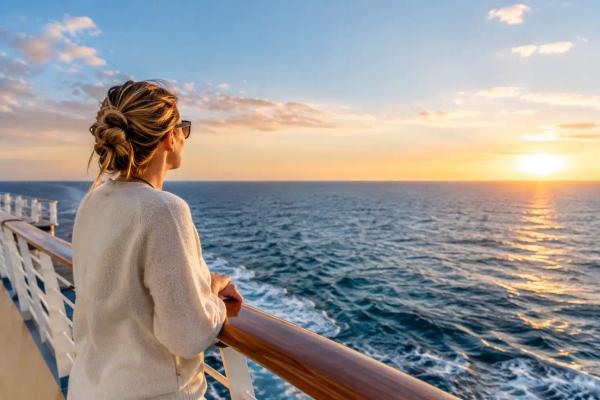 Frau an der Reling eines Kreuzfahrtschiffs blickt bei Sonnenuntergang aufs Meer