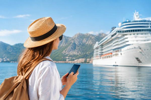 Sind Landausflüge vorab reservierbar? Kreuzfahrtgast mit Smartphone vor Schiff und Bergküste plant Landausflüge