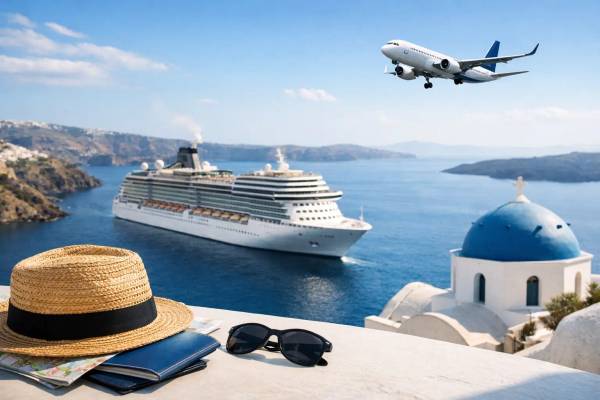 Mittelmeer Kreuzfahrt mit Flug: Anreise planen Flugzeug über der Mittelmeerküste vor einem Kreuzfahrthafen