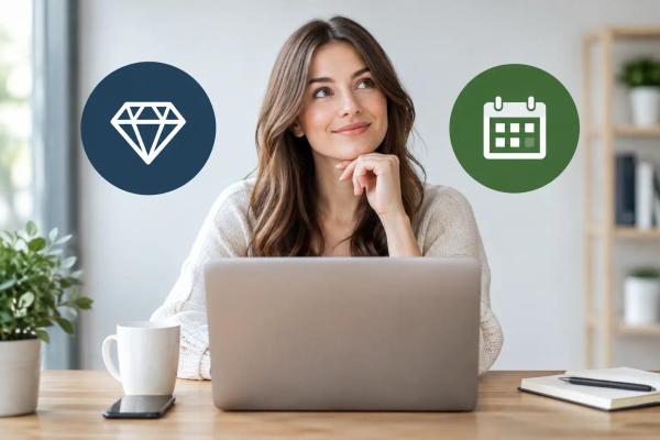 Premium oder Flex Tarif: was passt zu dir? Frau am Laptop wägt zwischen Premium- und Flex-Tarif für ihre Kreuzfahrt ab