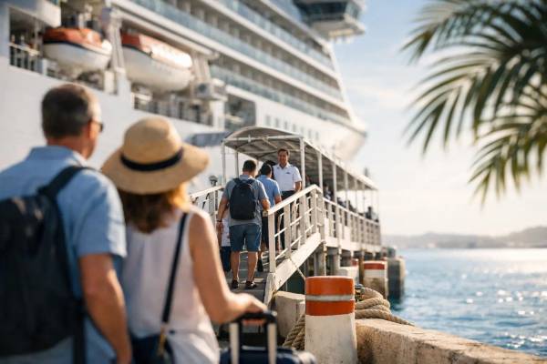 Wann beginnt die Einschiffung bei Kreuzfahrten? Einschiffung am Kreuzfahrtterminal: Gäste beim Check-in vor dem Schiff