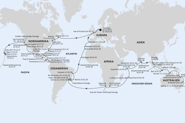 Route der AIDA Weltreise 2027: 55 Häfen auf sechs Kontinenten